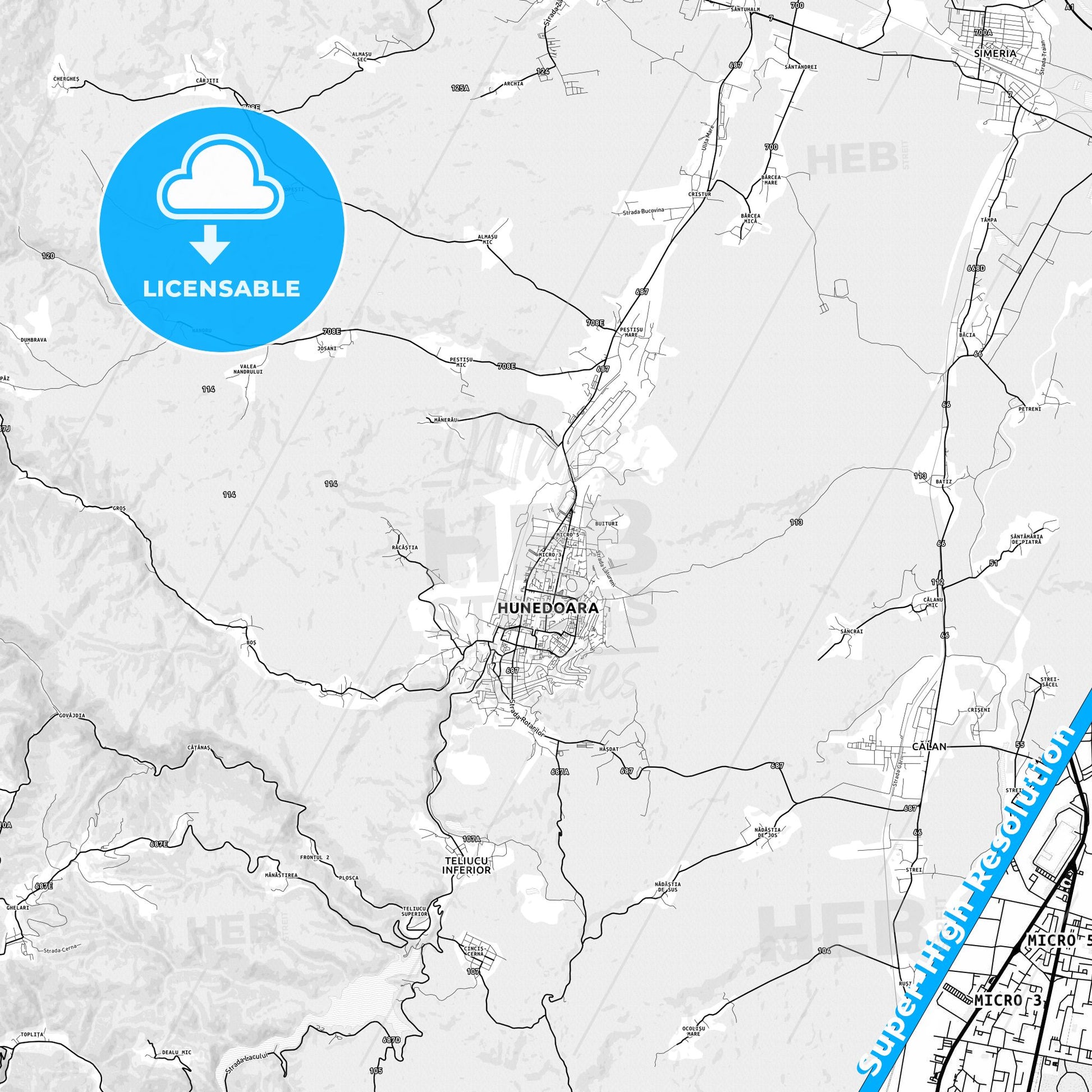 Hunedoara, Romania light map with streetnames, citynames and districts