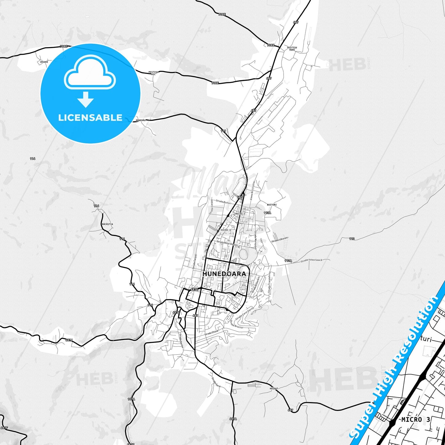 Hunedoara, Romania Light Map with Street Names, City Names, and Districts