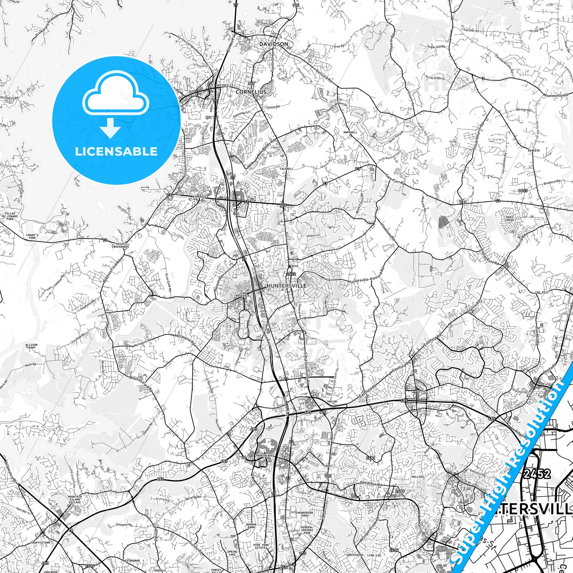 Huntersville, North Carolina light map with streetnames, citynames and districts