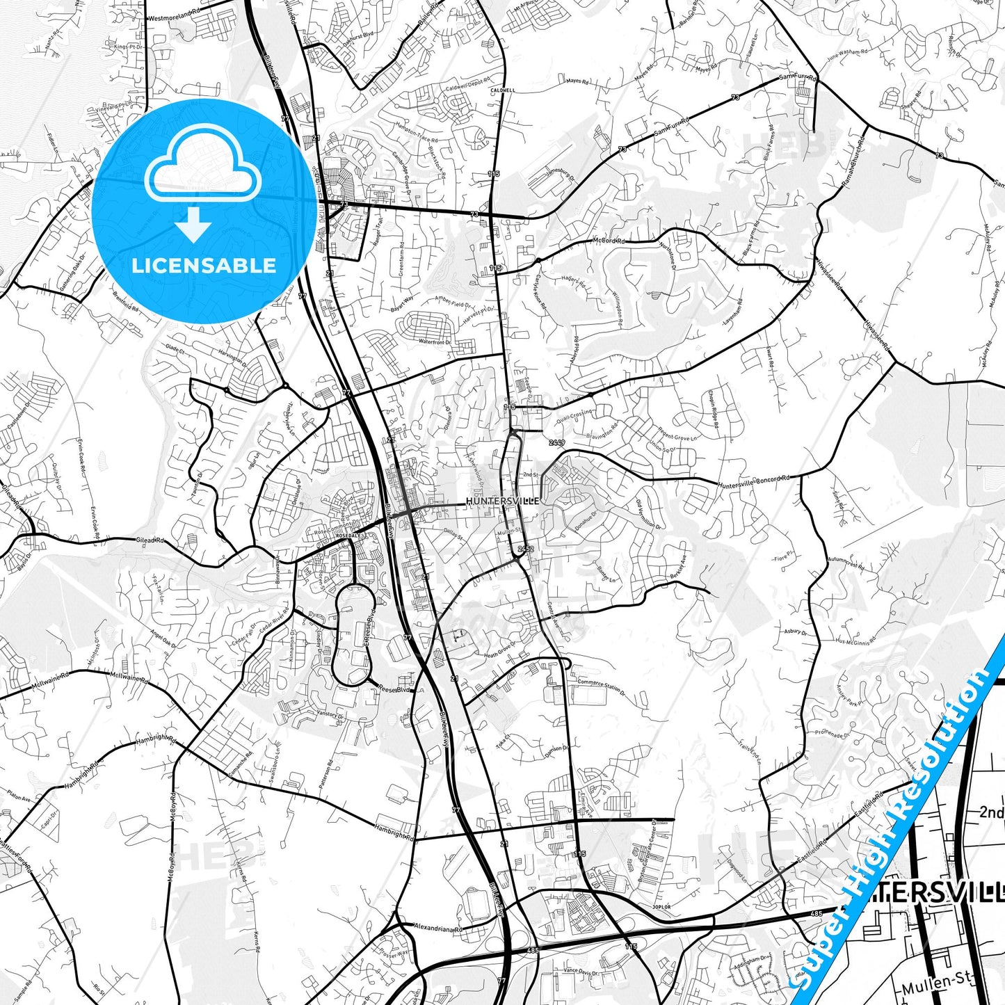 Huntersville, North Carolina Light Map with Street Names, City Names, and Districts