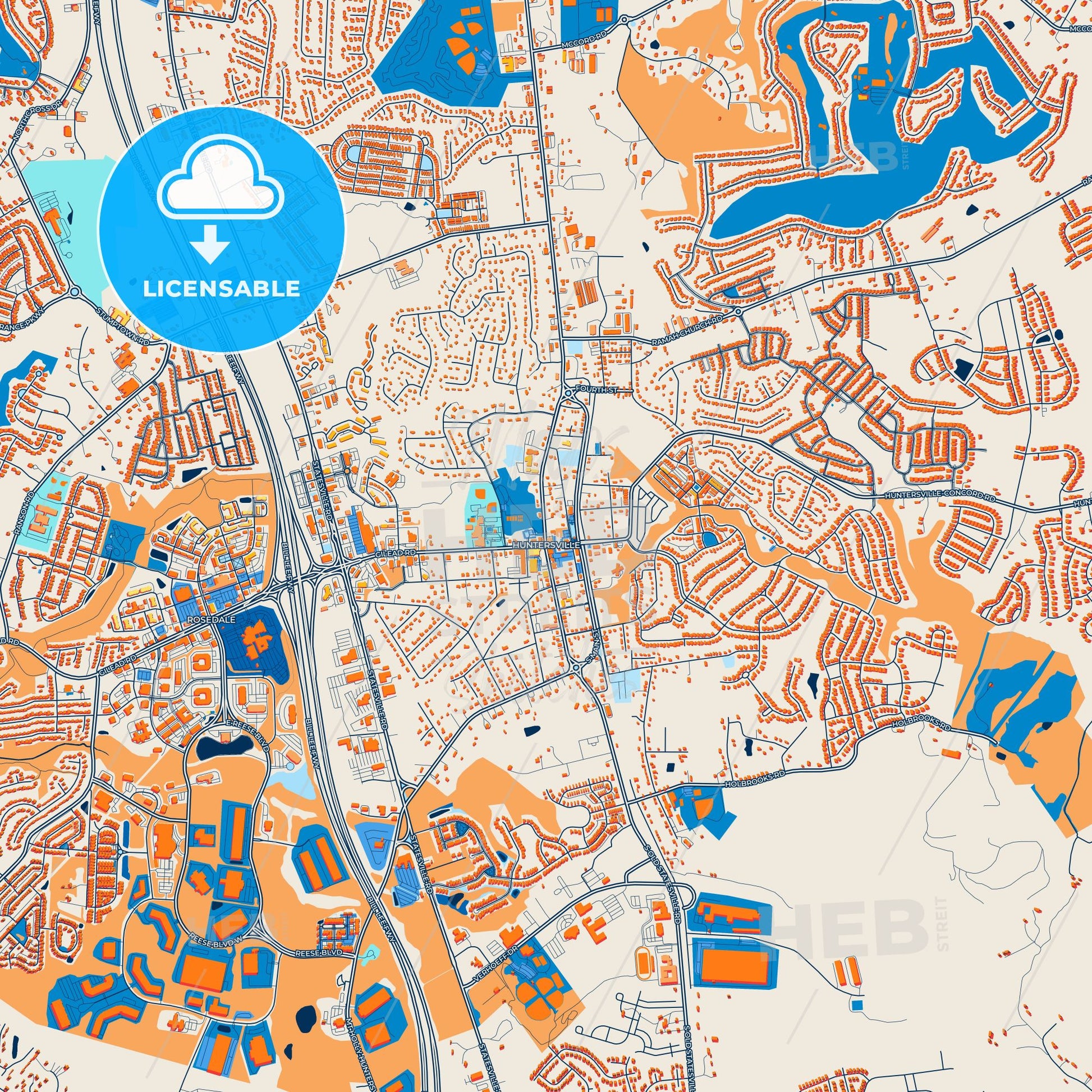 Colorful Huntersville Street Map with Labels and Buildings