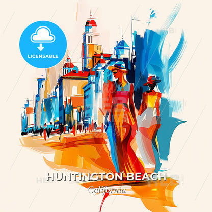 Vibrant Huntington Beach, California - A Woman In A Dress Walking Down A Street - Square format print template