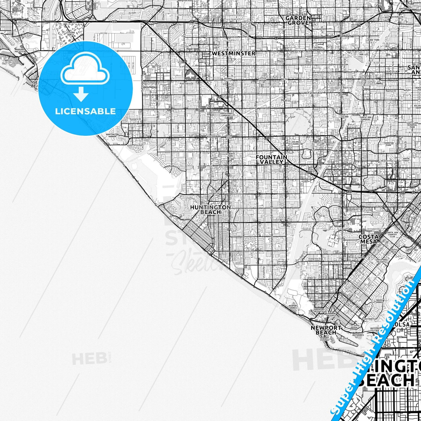 Huntington Beach, California light map with streetnames, citynames and districts