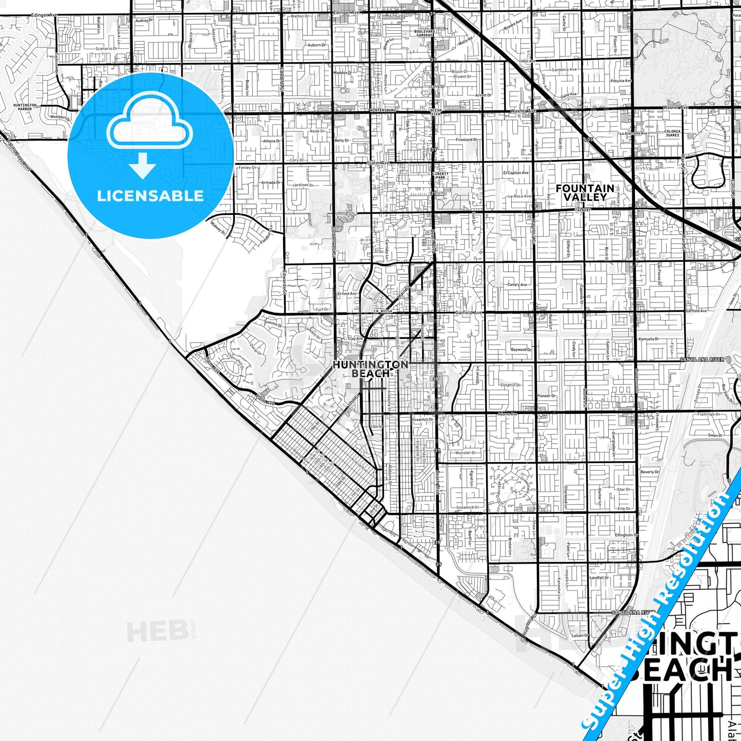 Huntington Beach, California Light Map with Street Names, City Names, and Districts