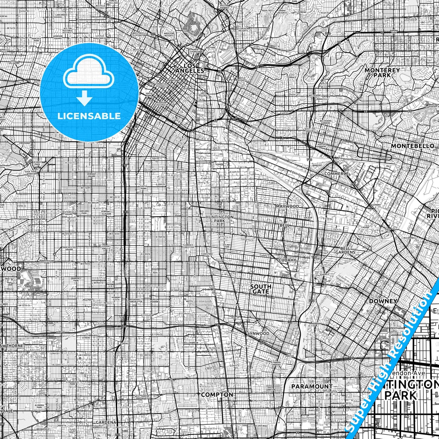 Huntington Park, California light map with streetnames, citynames and districts