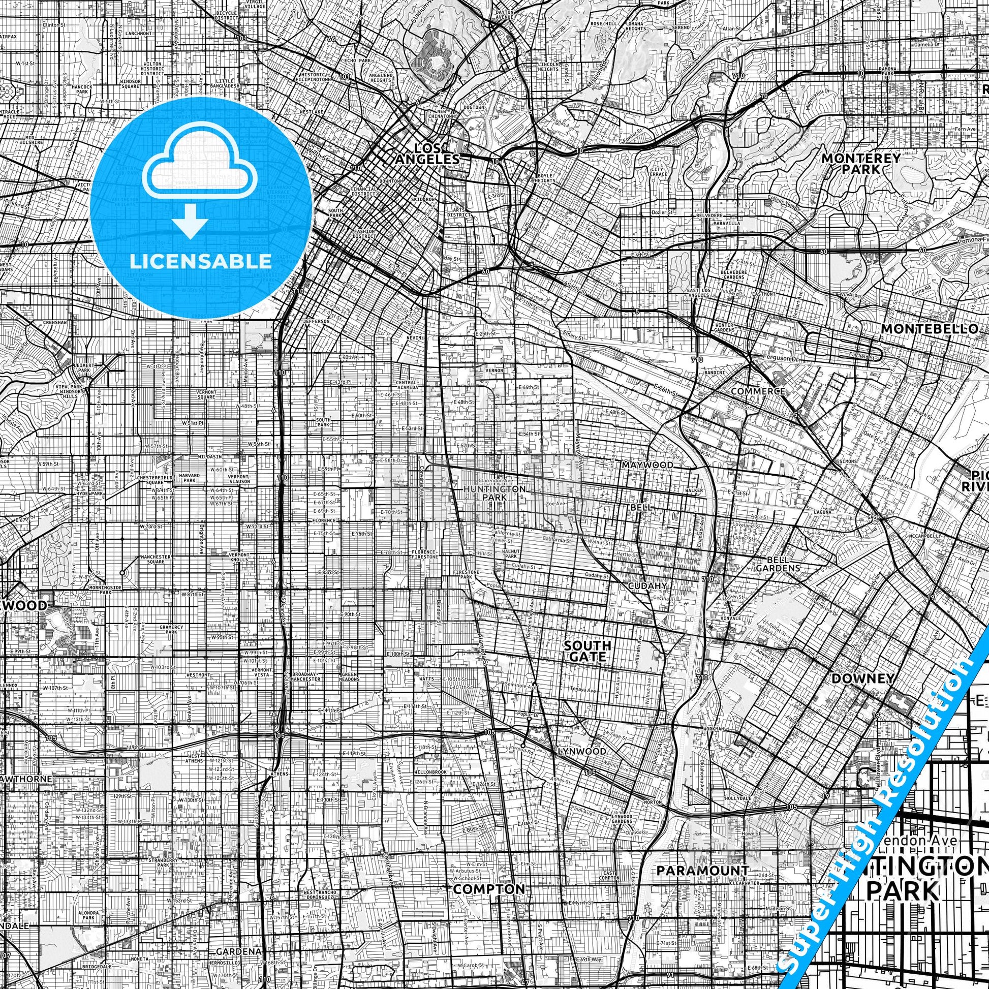 Huntington Park, California light map with streetnames, citynames and districts