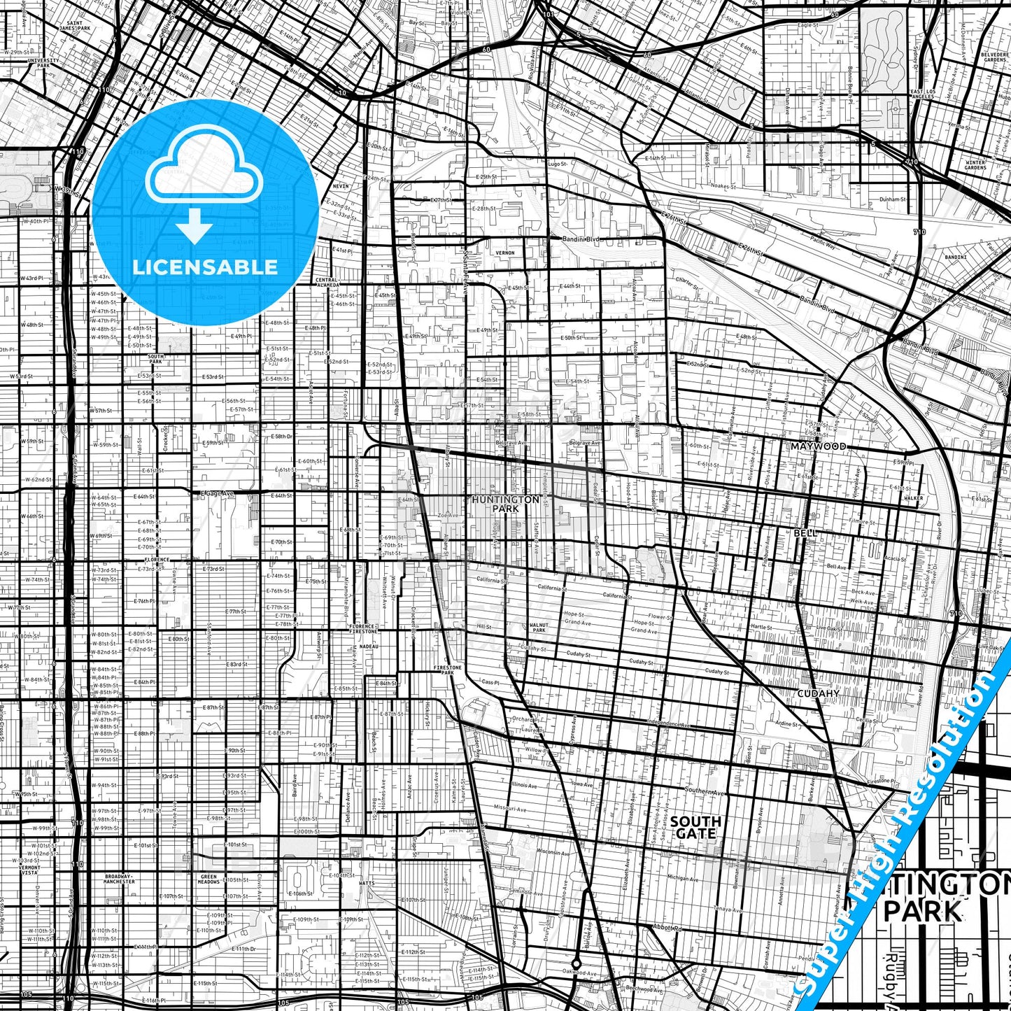 Huntington Park, California Light Map with Street Names, City Names, and Districts
