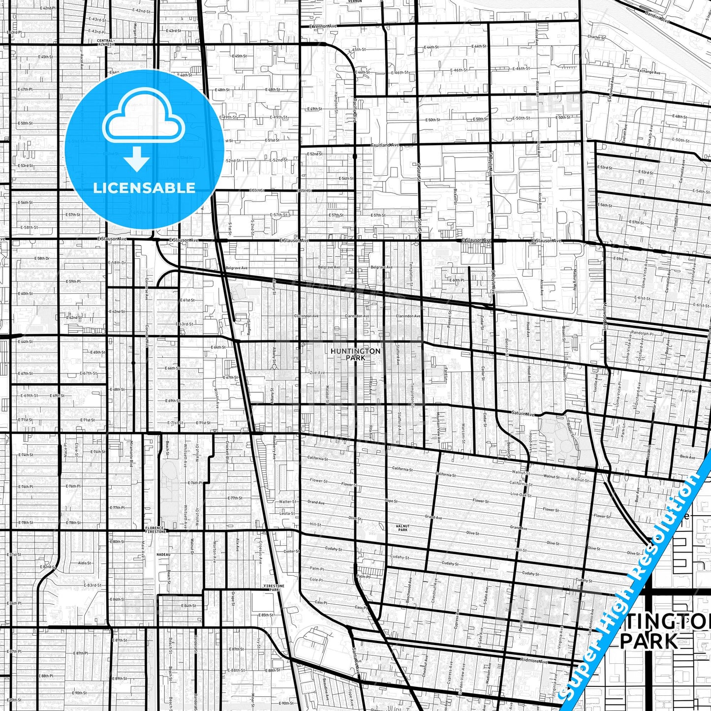 Huntington Park, California Light Map with Street Names, City Names, and Districts