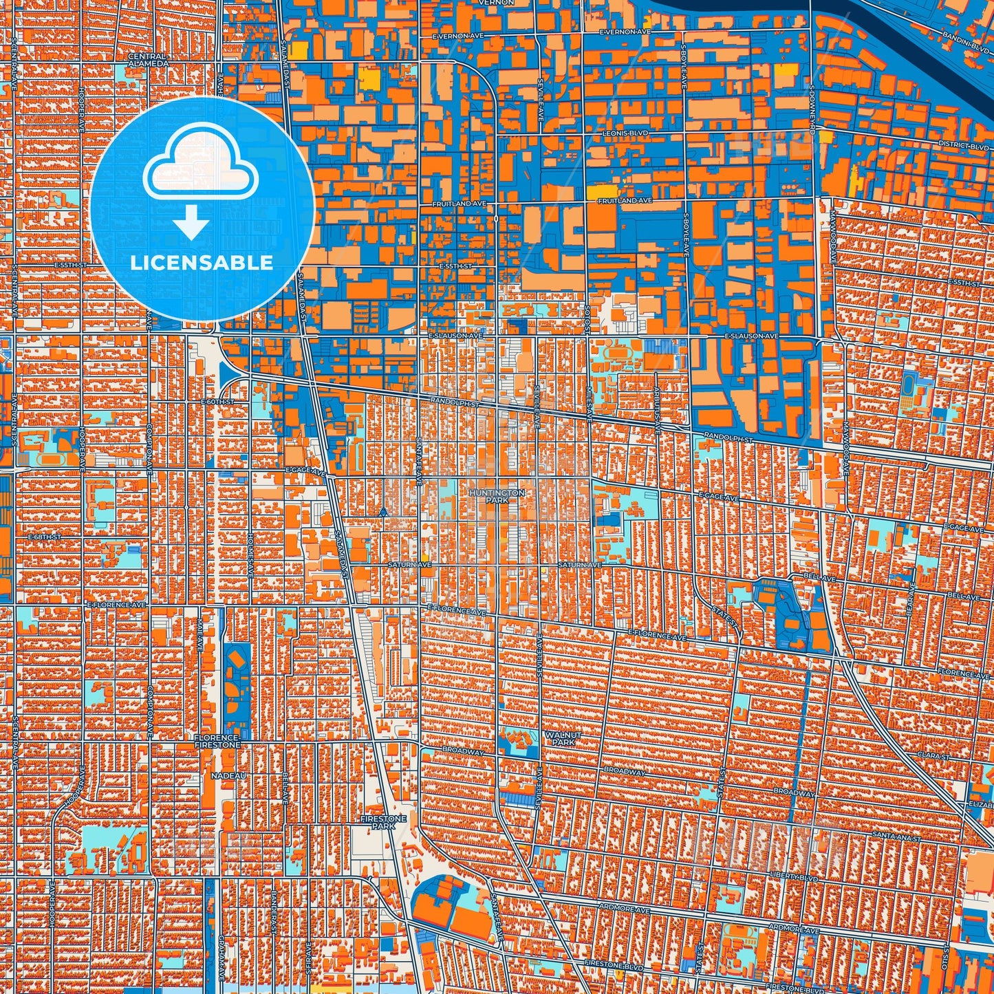 Colorful Huntington Park Street Map with Labels and Buildings