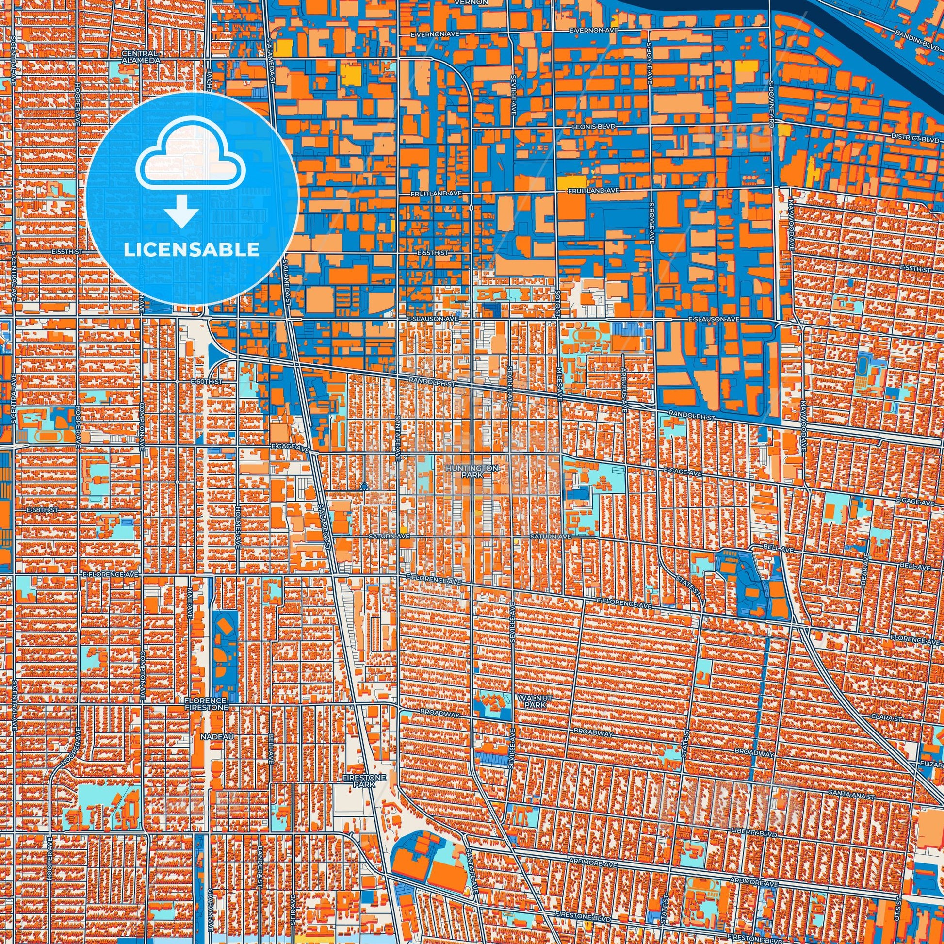 Colorful Huntington Park Street Map with Labels and Buildings