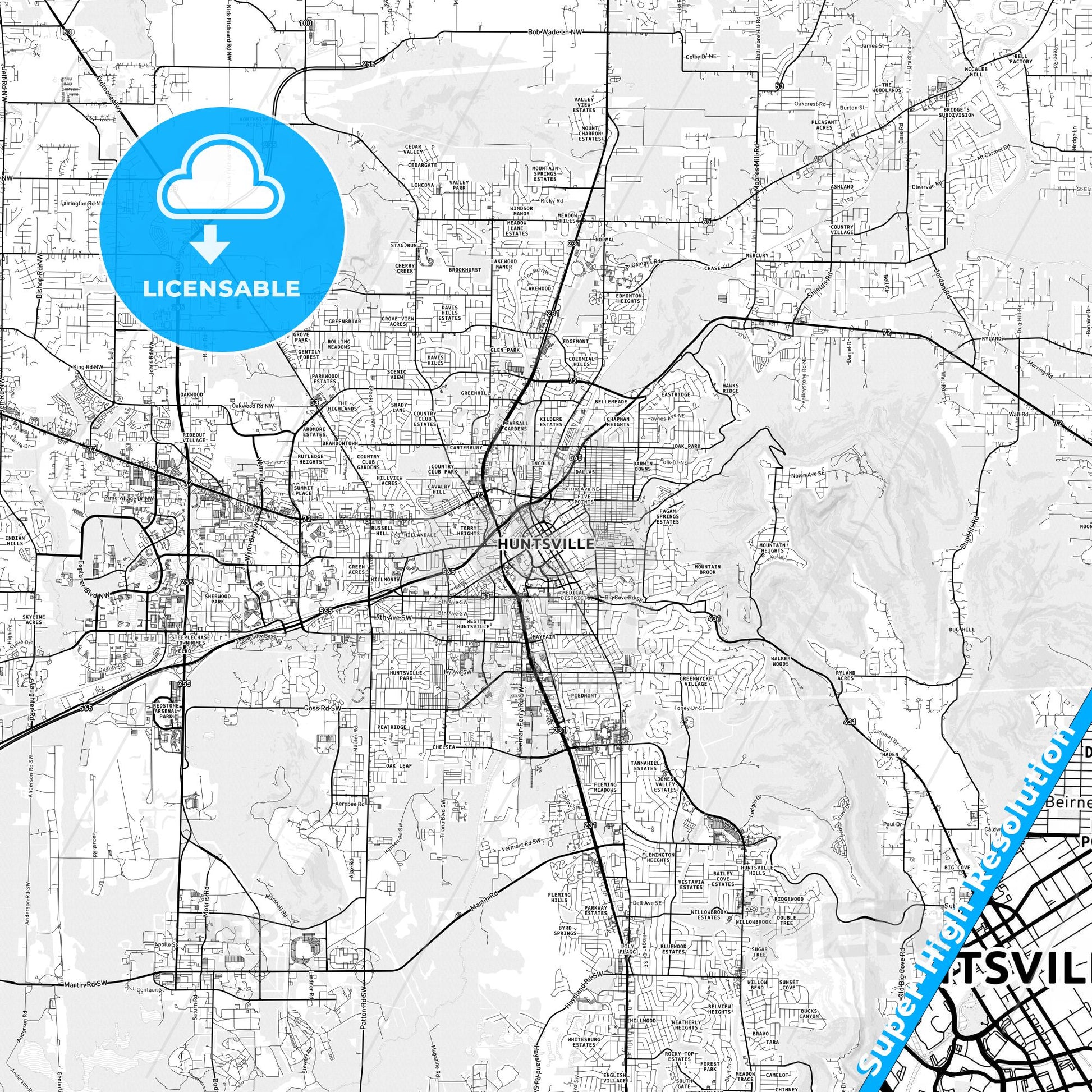 Huntsville, Alabama light map with streetnames, citynames and districts