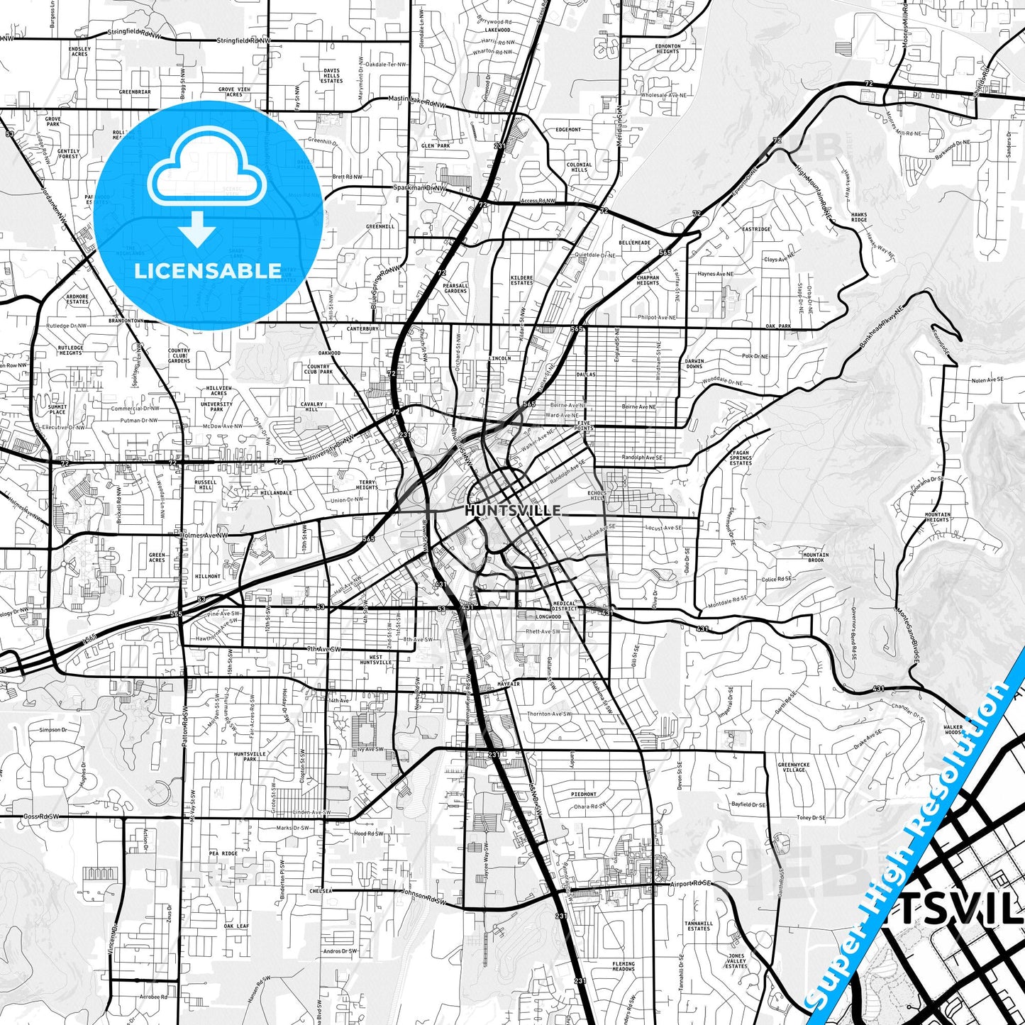 Huntsville, Alabama Light Map with Street Names, City Names, and Districts