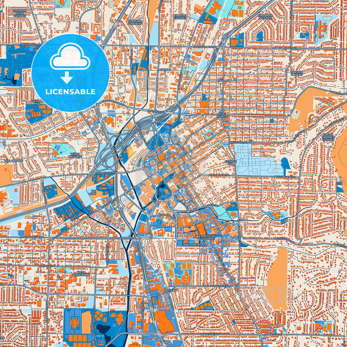 Colorful Huntsville Street Map with Labels and Buildings