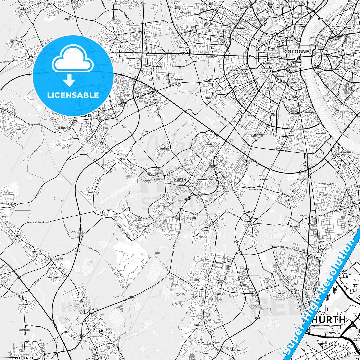 Hurth, Germany light map with streetnames, citynames and districts
