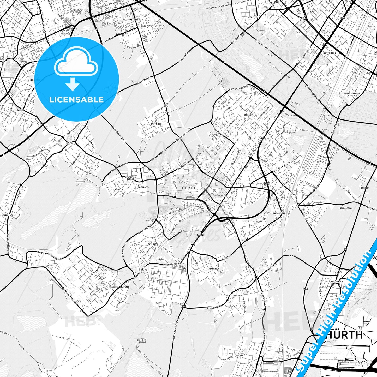 Hurth, Germany Light Map with Street Names, City Names, and Districts