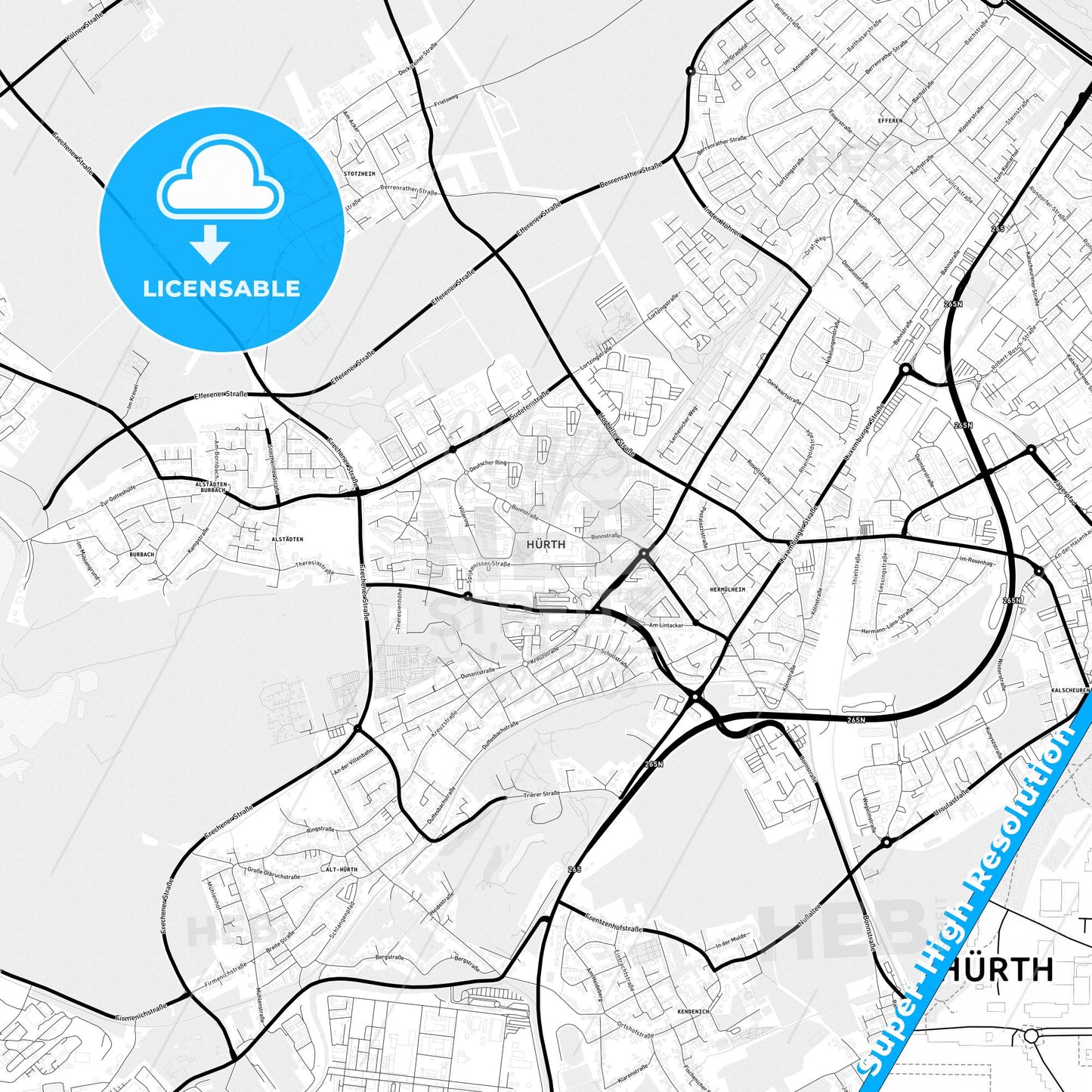Hurth, Germany Light Map with Street Names, City Names, and Districts