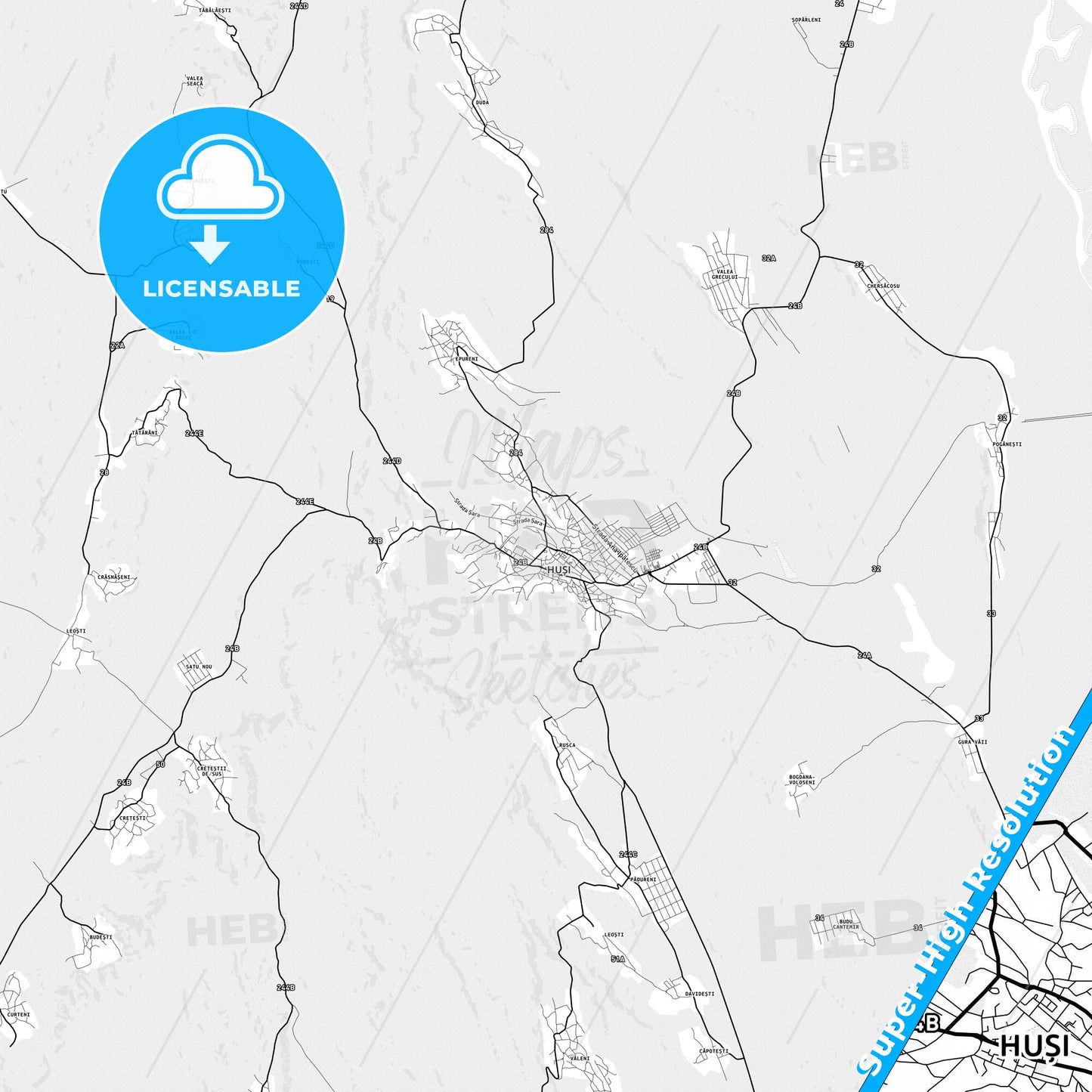 Huși, Romania light map with streetnames, citynames and districts