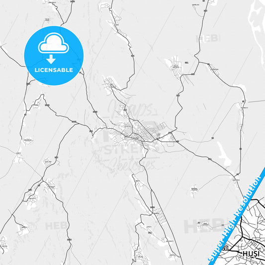 Huși, Romania light map with streetnames, citynames and districts