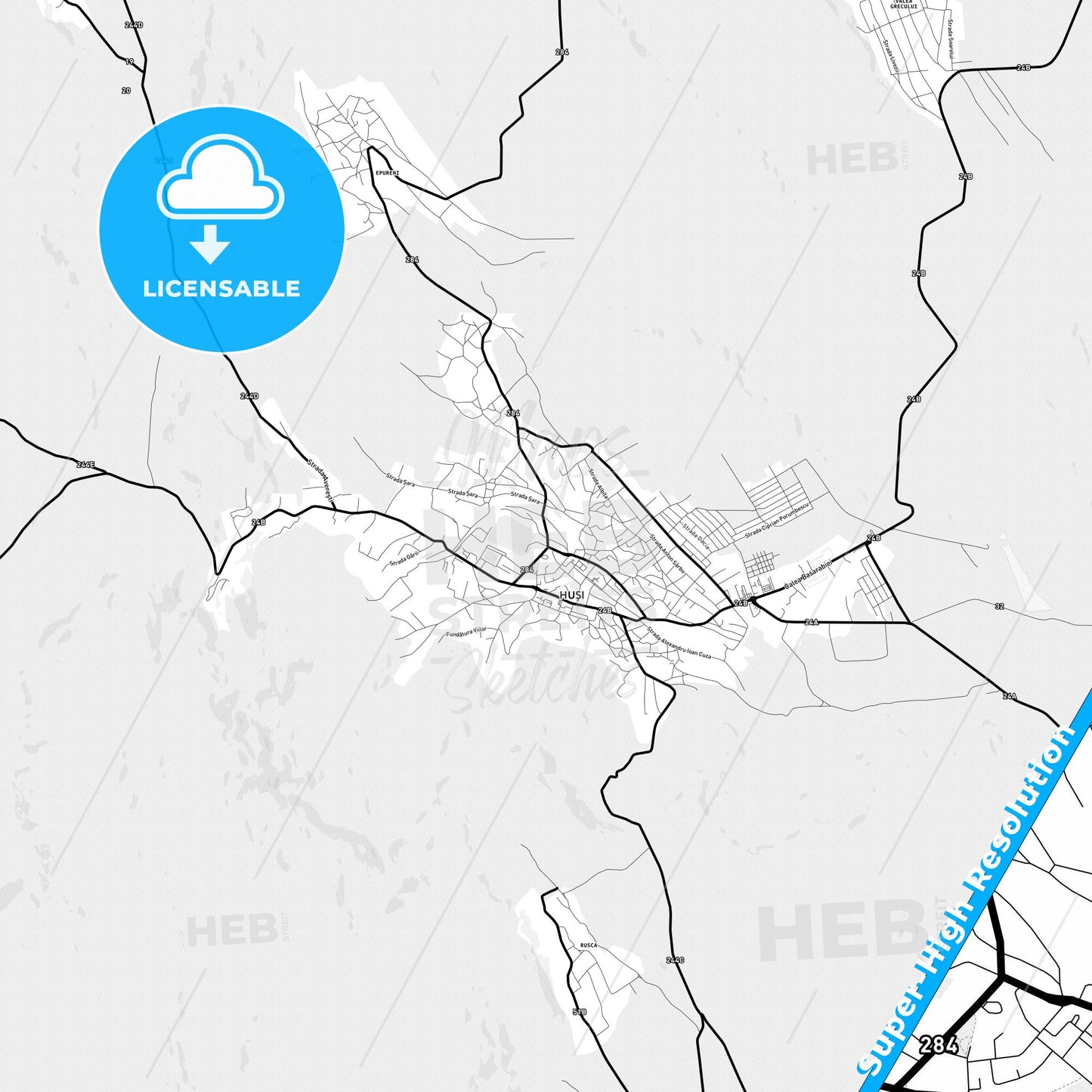 Huși, Romania Light Map with Street Names, City Names, and Districts
