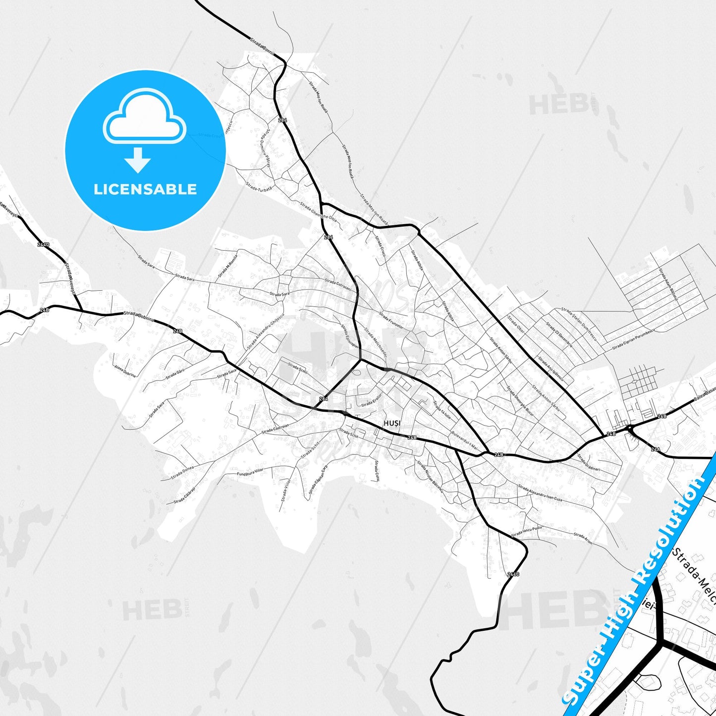 Huși, Romania Light Map with Street Names, City Names, and Districts