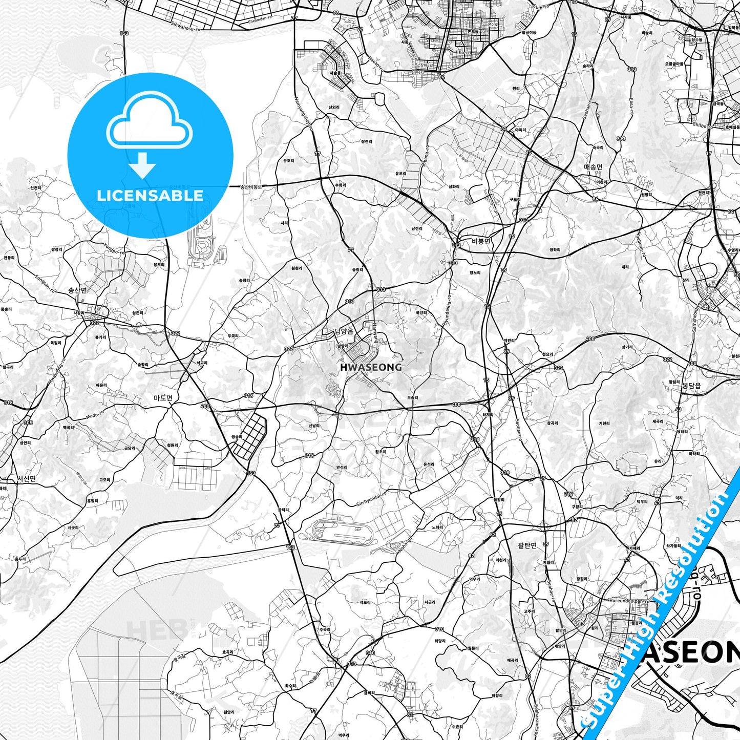 Hwaseong, South Korea light map with streetnames, citynames and districts