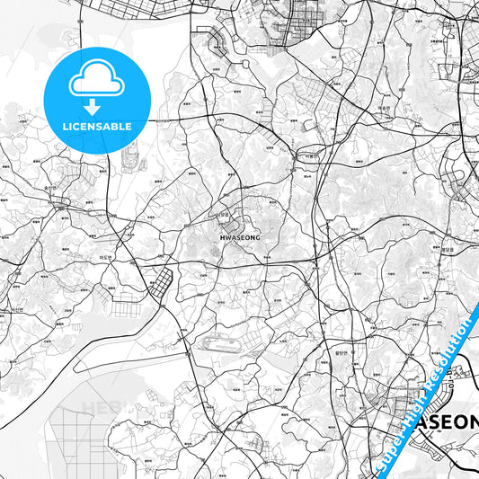 Hwaseong, South Korea light map with streetnames, citynames and districts