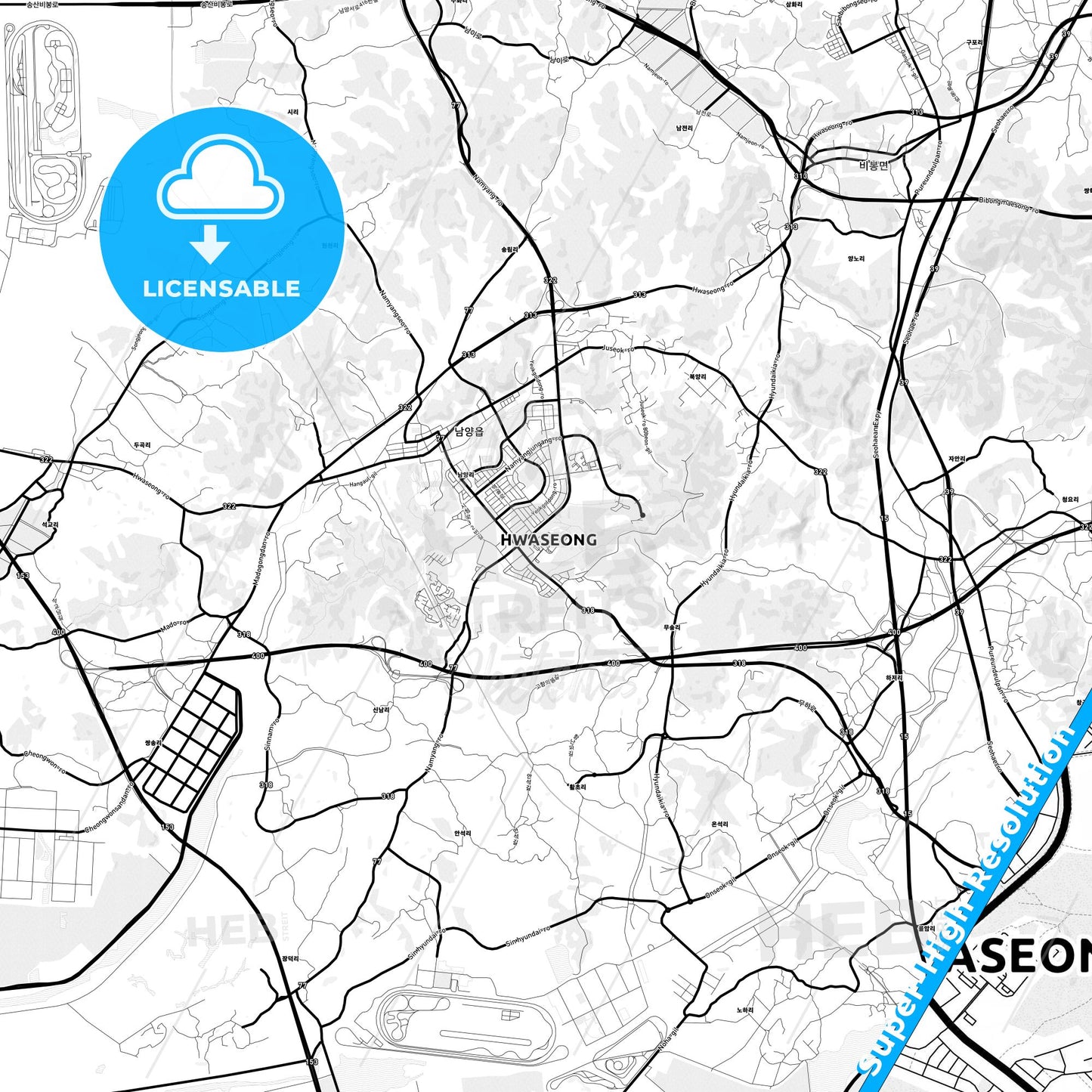 Hwaseong, South Korea Light Map with Street Names, City Names, and Districts