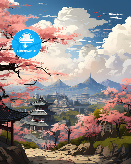 Vibrant Landscape Painting of Hwaseong Skyline, Featuring Pagoda, Mountains, and Pink Cherry Blossoms