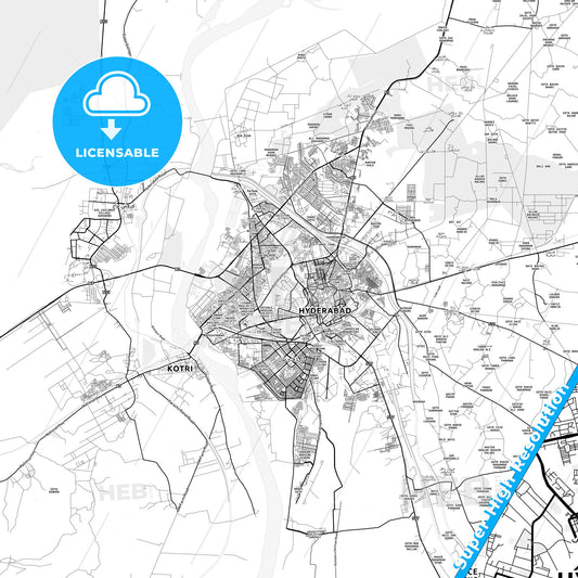 Hyderabad, Pakistan light map with streetnames, citynames and districts