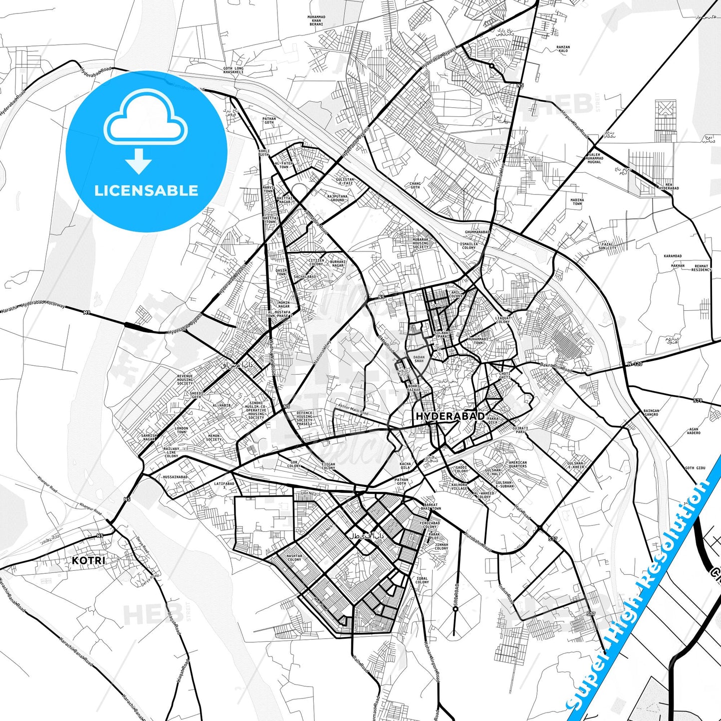 Hyderabad, Pakistan Light Map with Street Names, City Names, and Districts
