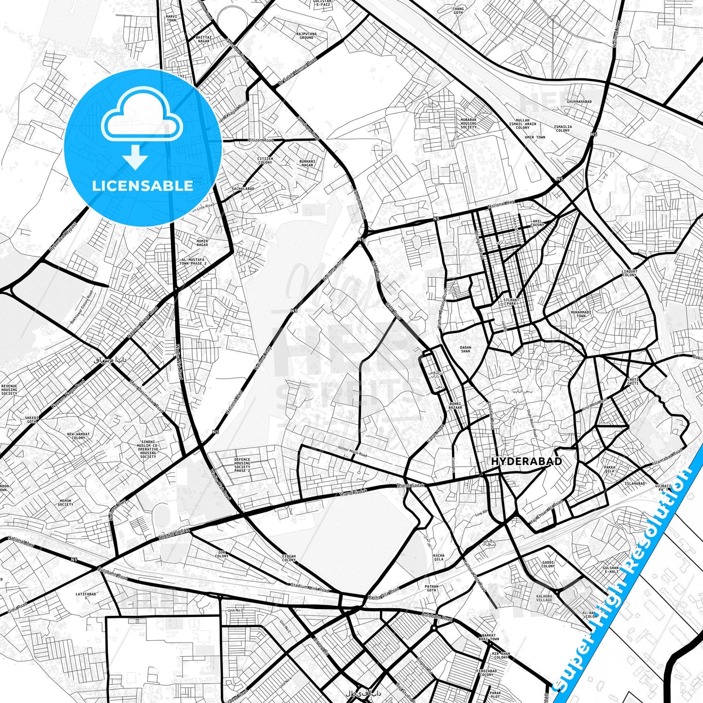 Hyderabad, Pakistan Light Map with Street Names, City Names, and Districts