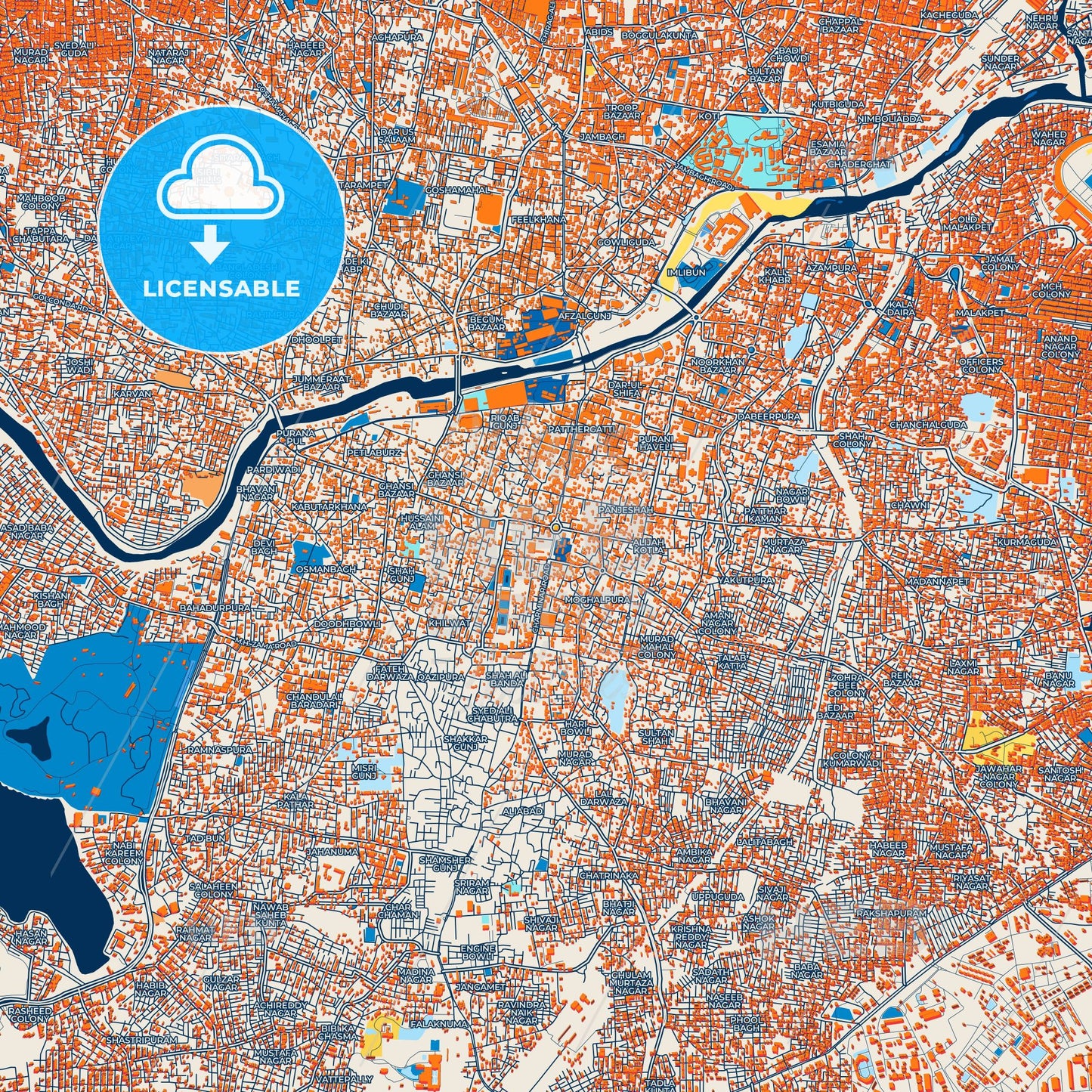 Colorful Hyderabad Street Map with Labels and Buildings