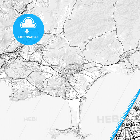 Hyères, France light map with streetnames, citynames and districts
