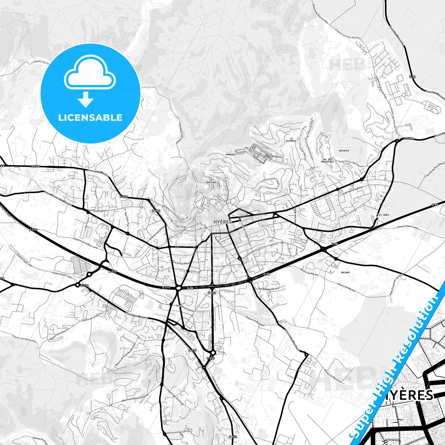 Hyères, France Light Map with Street Names, City Names, and Districts