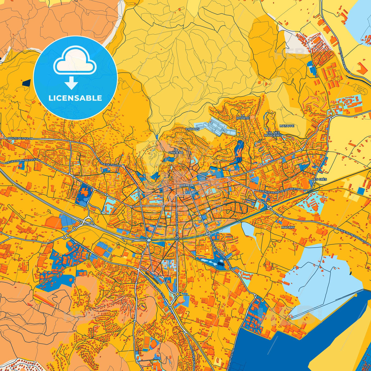 Colorful Hyères Street Map with Labels and Buildings