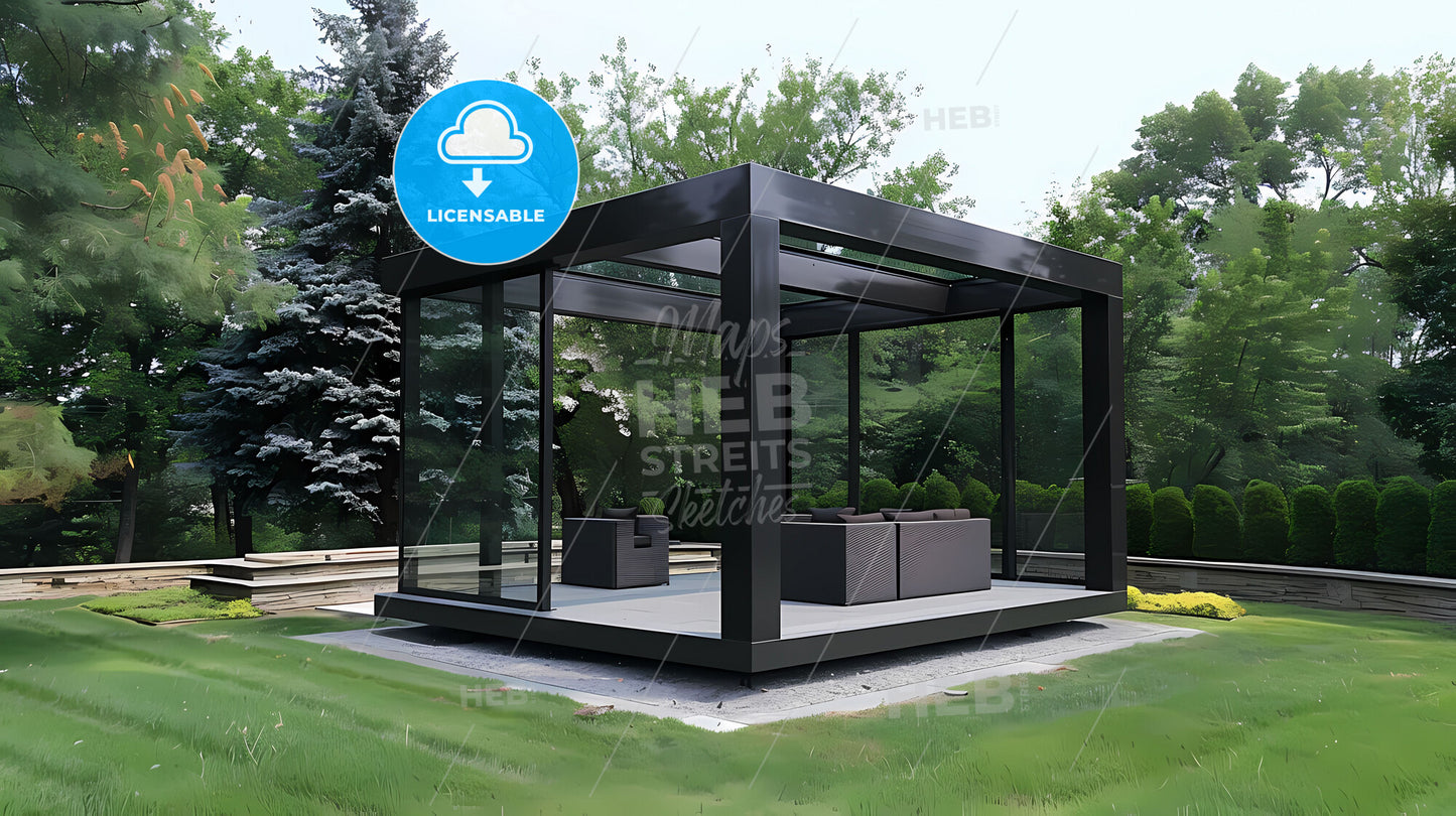 Hyper Realistic Oil Painting of Steel and Glass Freestanding Outdoor Pergola with Couch