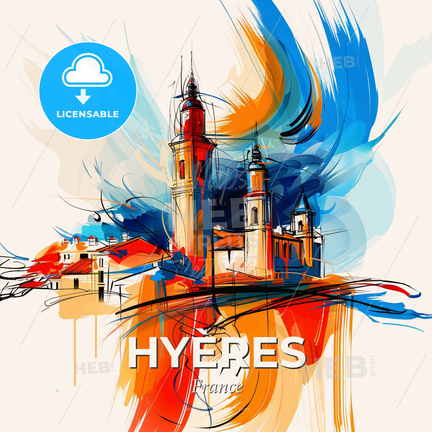 Vibrant Hyères, France - A Painting Of A Building With Towers And A Blue And Orange Swirl - Square format print template