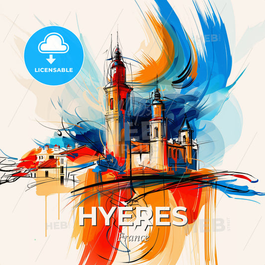 Vibrant Hyères, France - A Painting Of A Building With Towers And A Blue And Orange Swirl - Square format print template