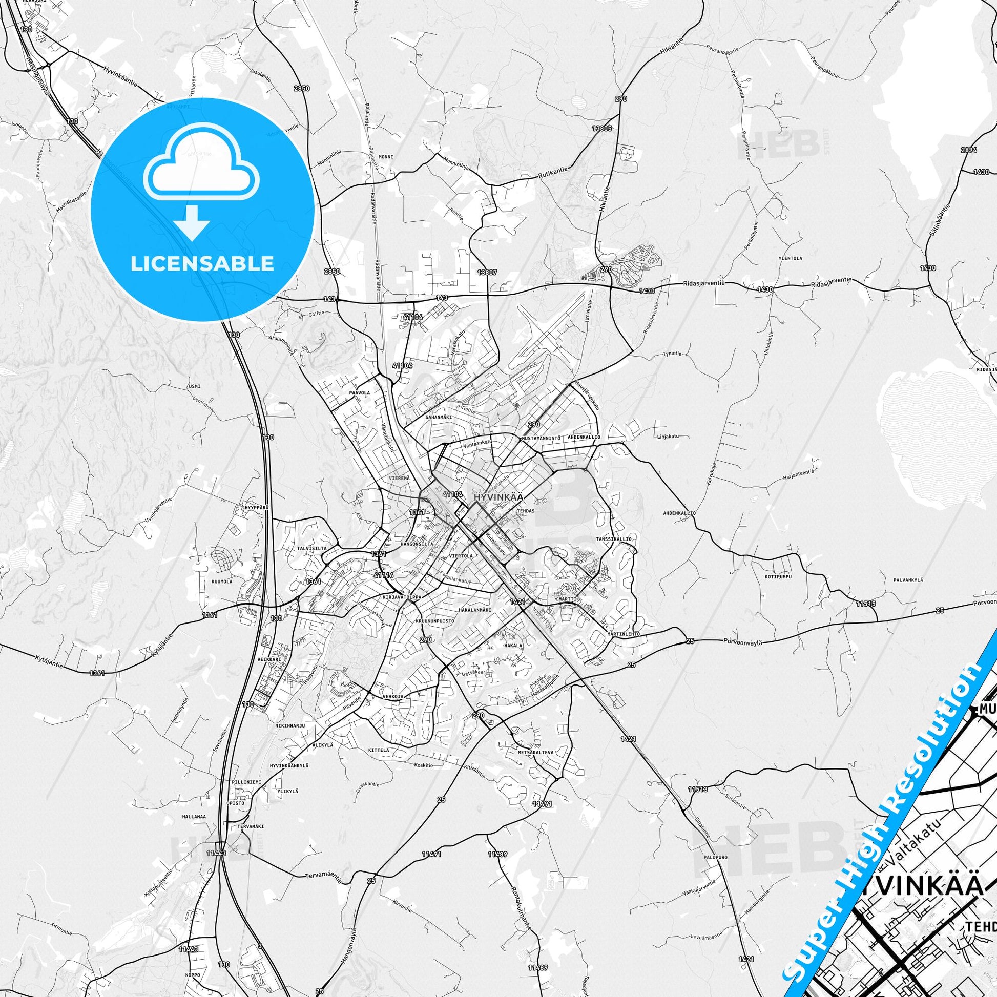 Hyvinkää, Finland light map with streetnames, citynames and districts
