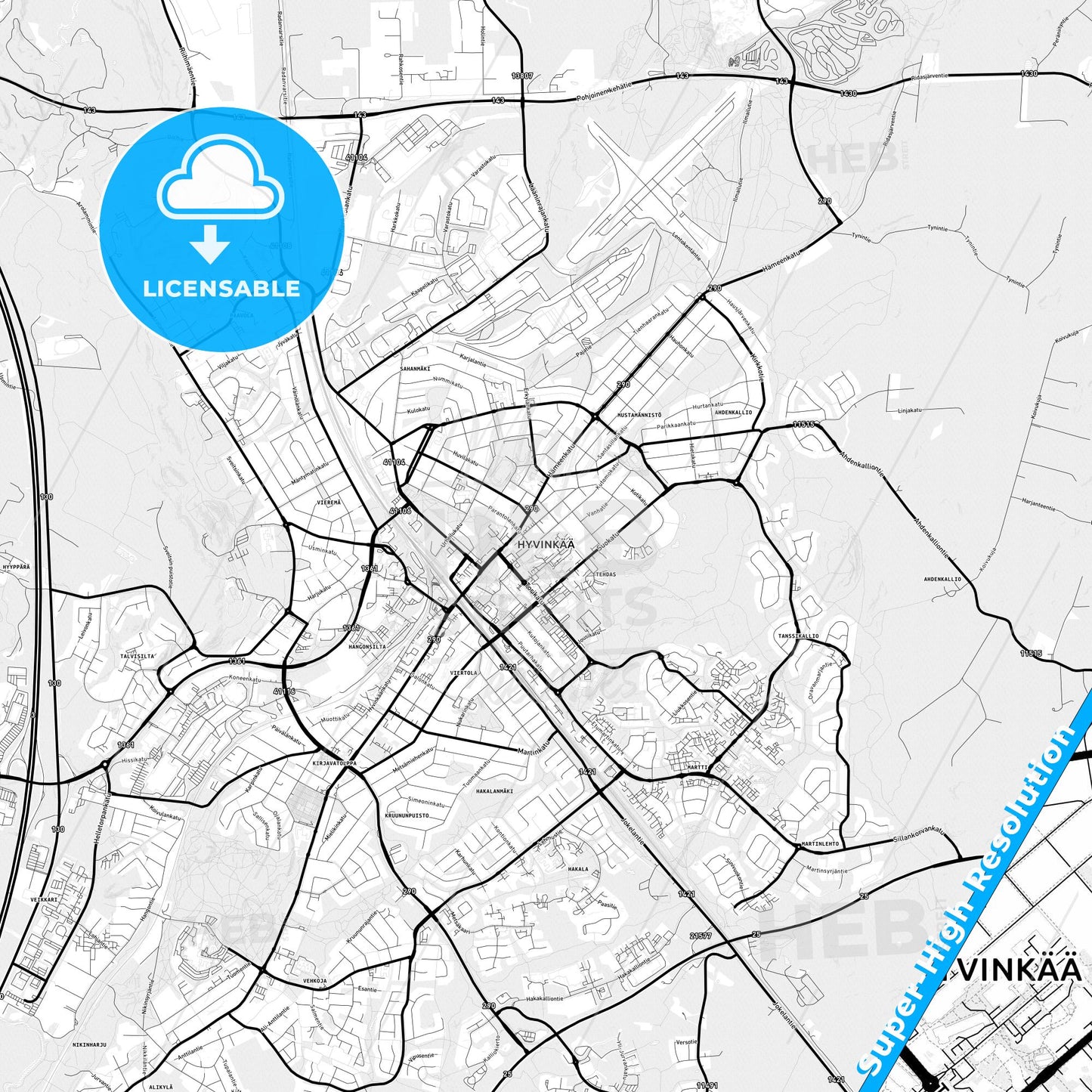 Hyvinkää, Finland Light Map with Street Names, City Names, and Districts