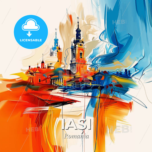 Vibrant Iași, Romania - A Painting Of A Building With A Tower - Square format print template