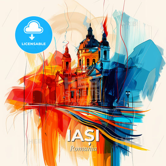 Vibrant Iași, Romania - A Colorful Painting Of A Building - Square format print template