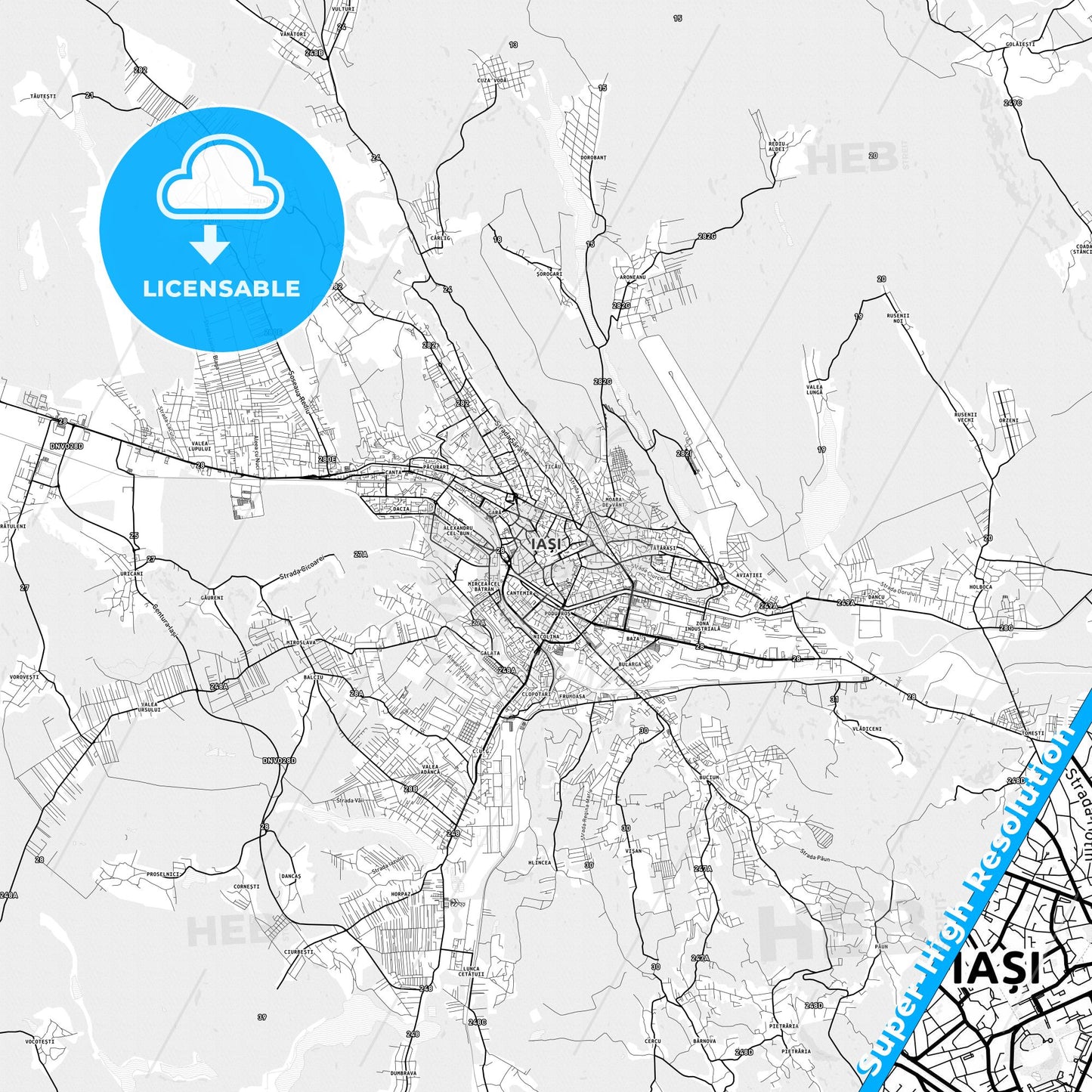 Iași, Romania light map with streetnames, citynames and districts