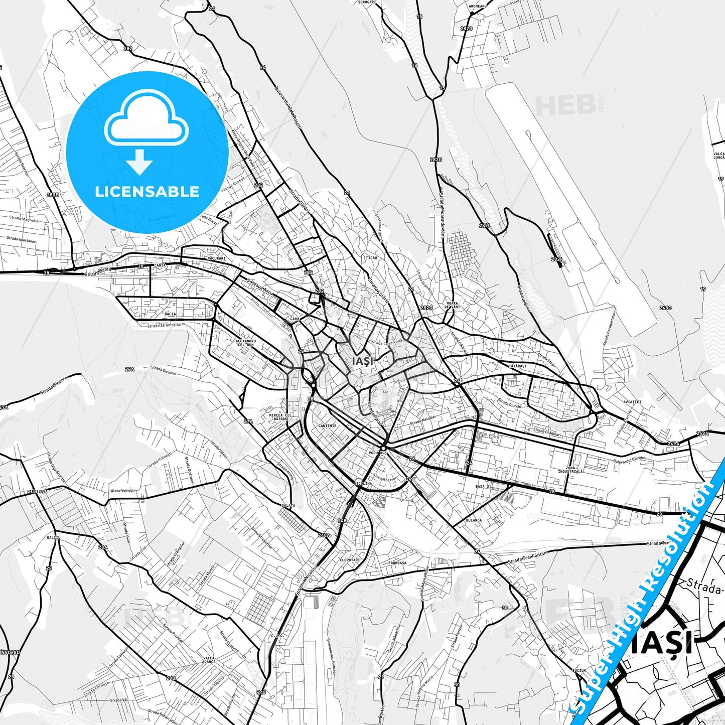 Iași, Romania Light Map with Street Names, City Names, and Districts