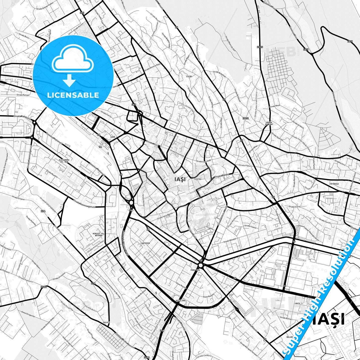 Iași, Romania Light Map with Street Names, City Names, and Districts