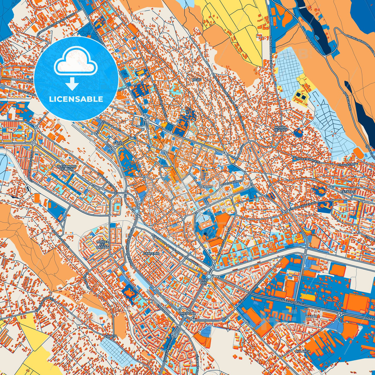 Colorful Iași Street Map with Labels and Buildings