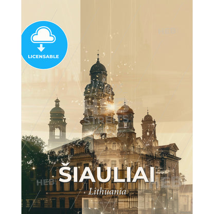 Siauliai Skyline Double Exposure Art Poster - A building with a tower - Square format print template