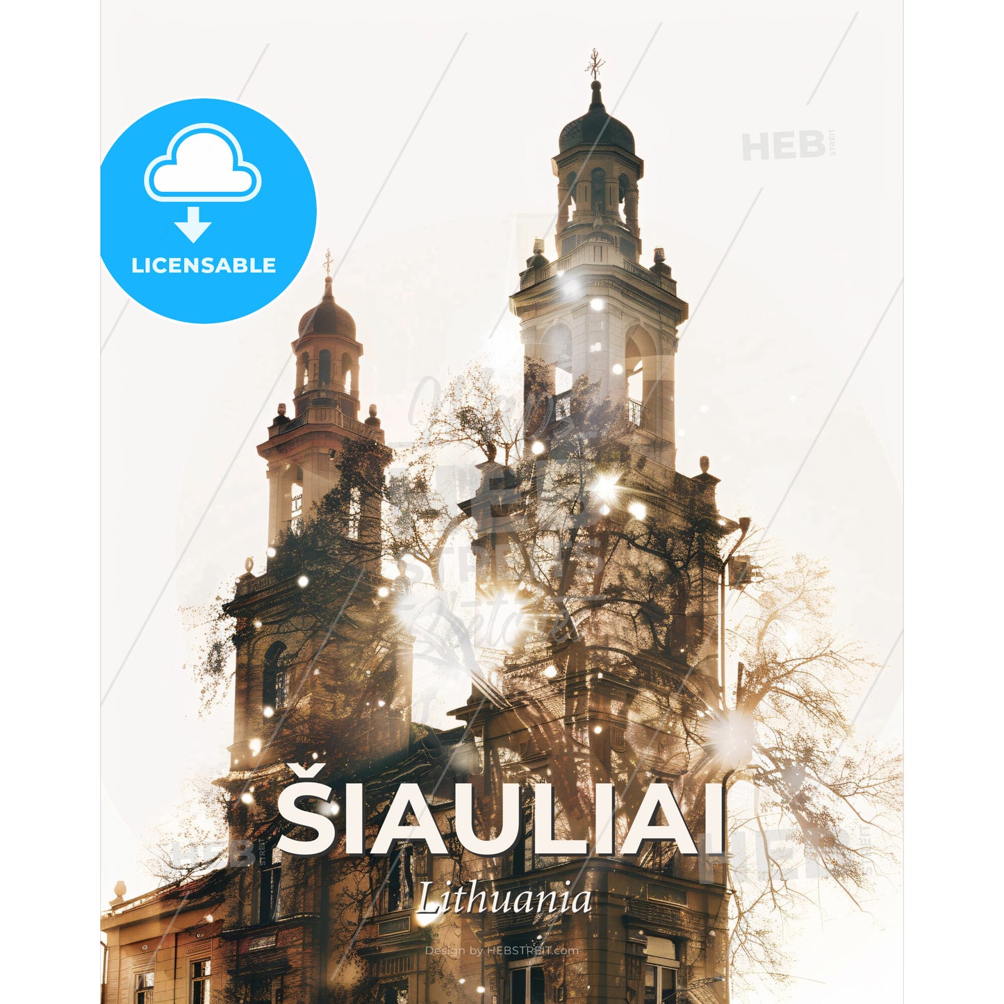 Siauliai City Skyline Double Exposure Art - A building with towers and trees - Square format print template