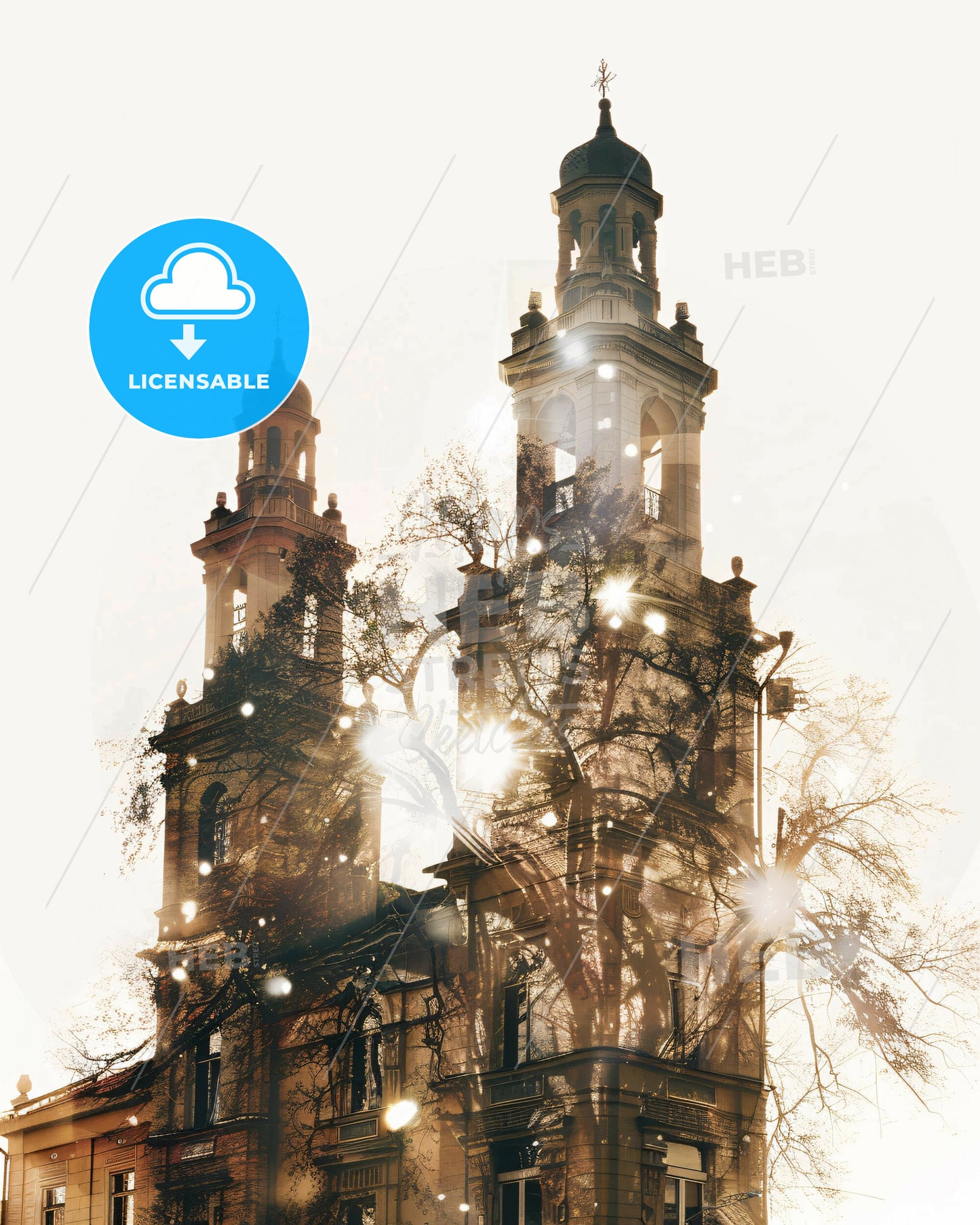 Siauliai City Skyline Double Exposure Art - A building with towers and trees