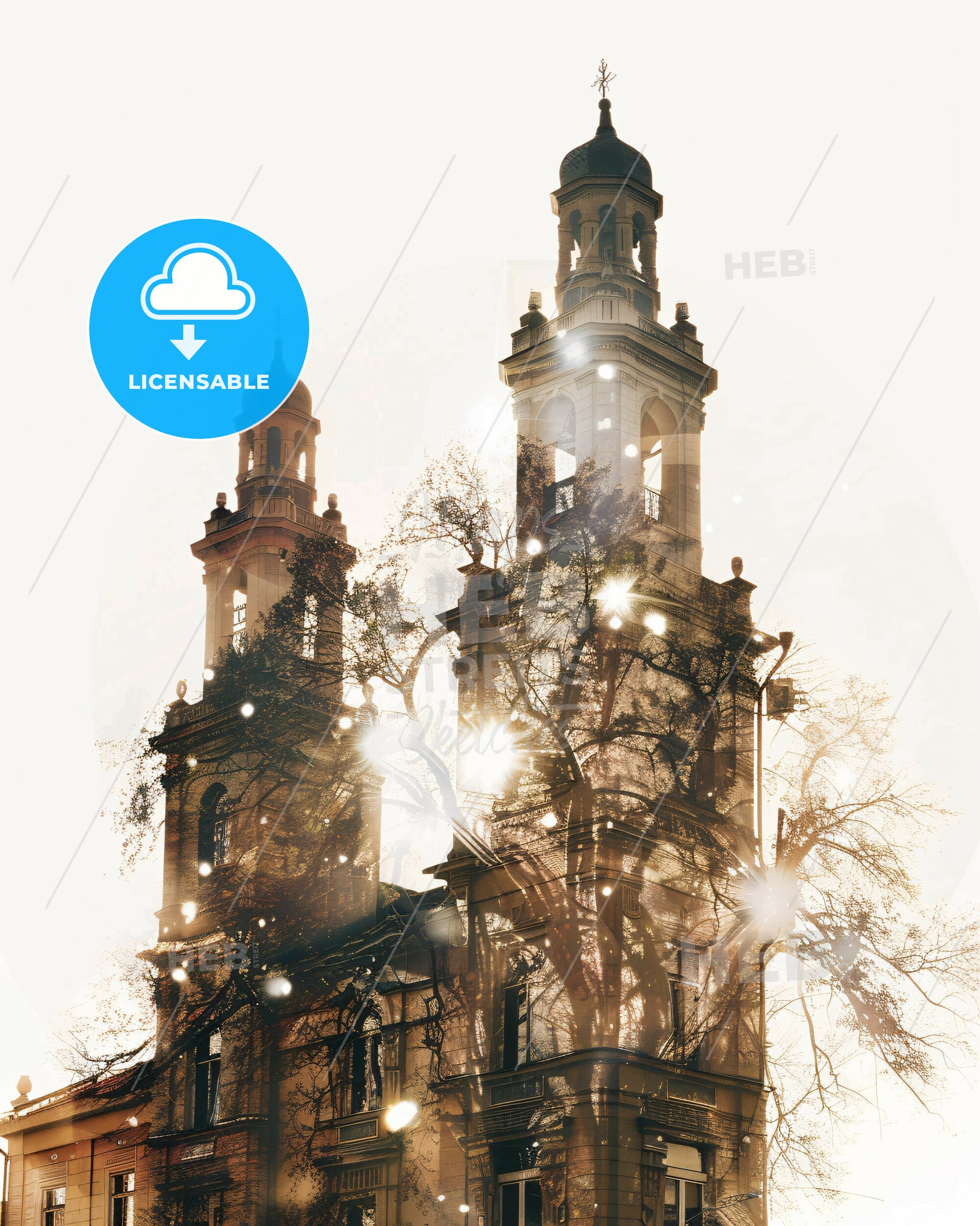 Siauliai City Skyline Double Exposure Art - A building with towers and trees